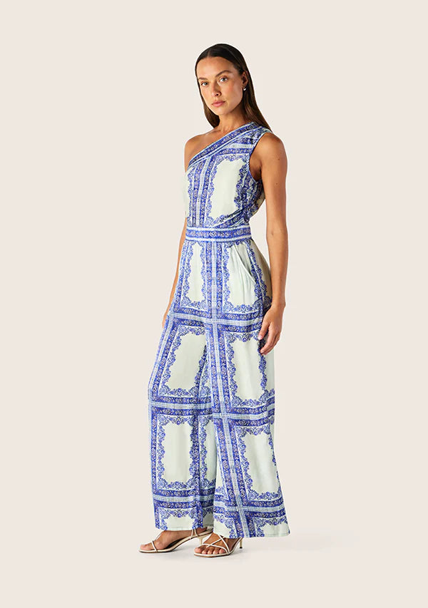 Satin jumpsuit with blue pattern