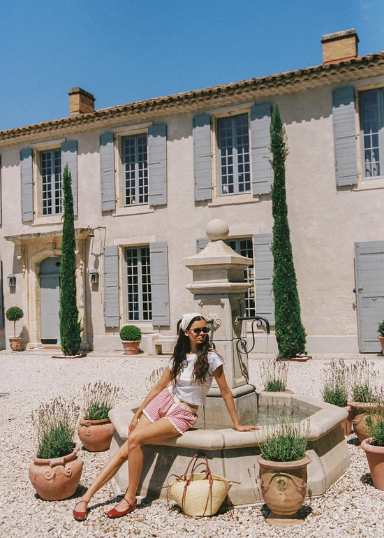 model wearing Josie Boxer Short – Red Check by Juni