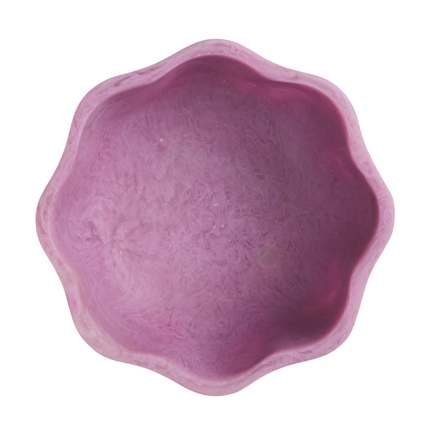 Top view of pink Joy Pedestal Bowl showing scalloped rim and marbled interior texture