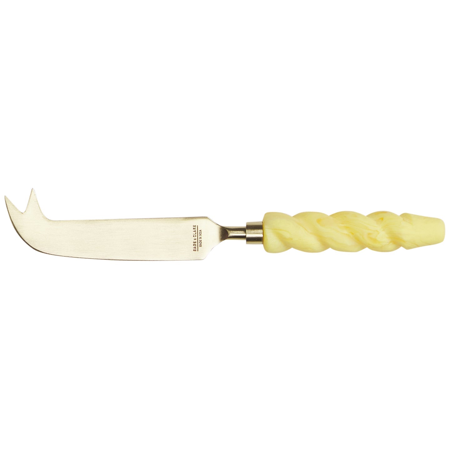 Julia cheese knife in Aspen Gold with marbled twisted handle and brushed gold blade shown from the blade-forward angle