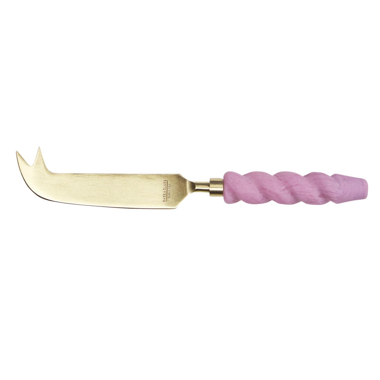 Close-up view of Julia Cheese Knife showing gold blade detail and purple twisted resin handle