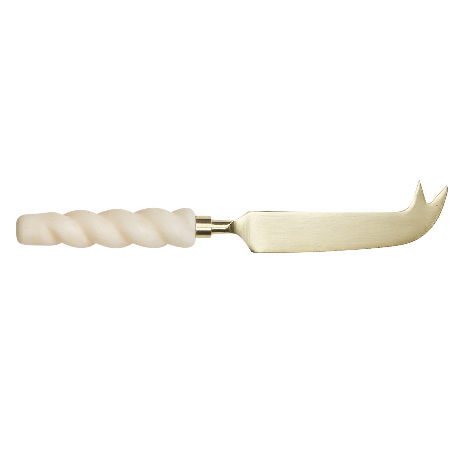 Julia cheese knife with twisted Pearl resin handle and gold-tone serrated blade, clean white background shot