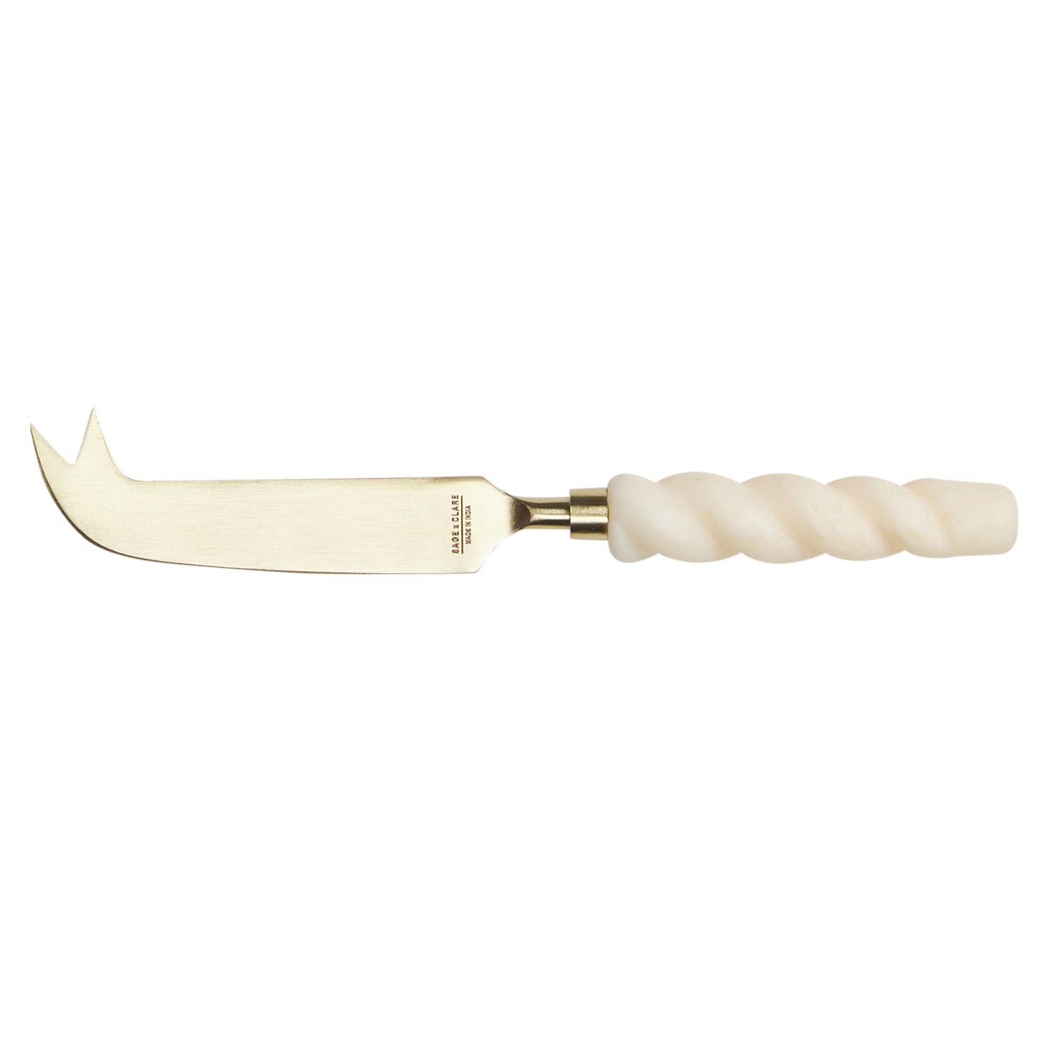 Julia cheese knife in Pearl with lustrous twisted resin handle and gold-tone forked blade, blade-forward product view