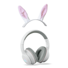 Close-up of white Kidyears headphones ear cup showing padding and pink accent stripe