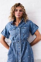 Denim dress with heart embroidery