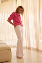 Model wearing pink stripe cotton shirts