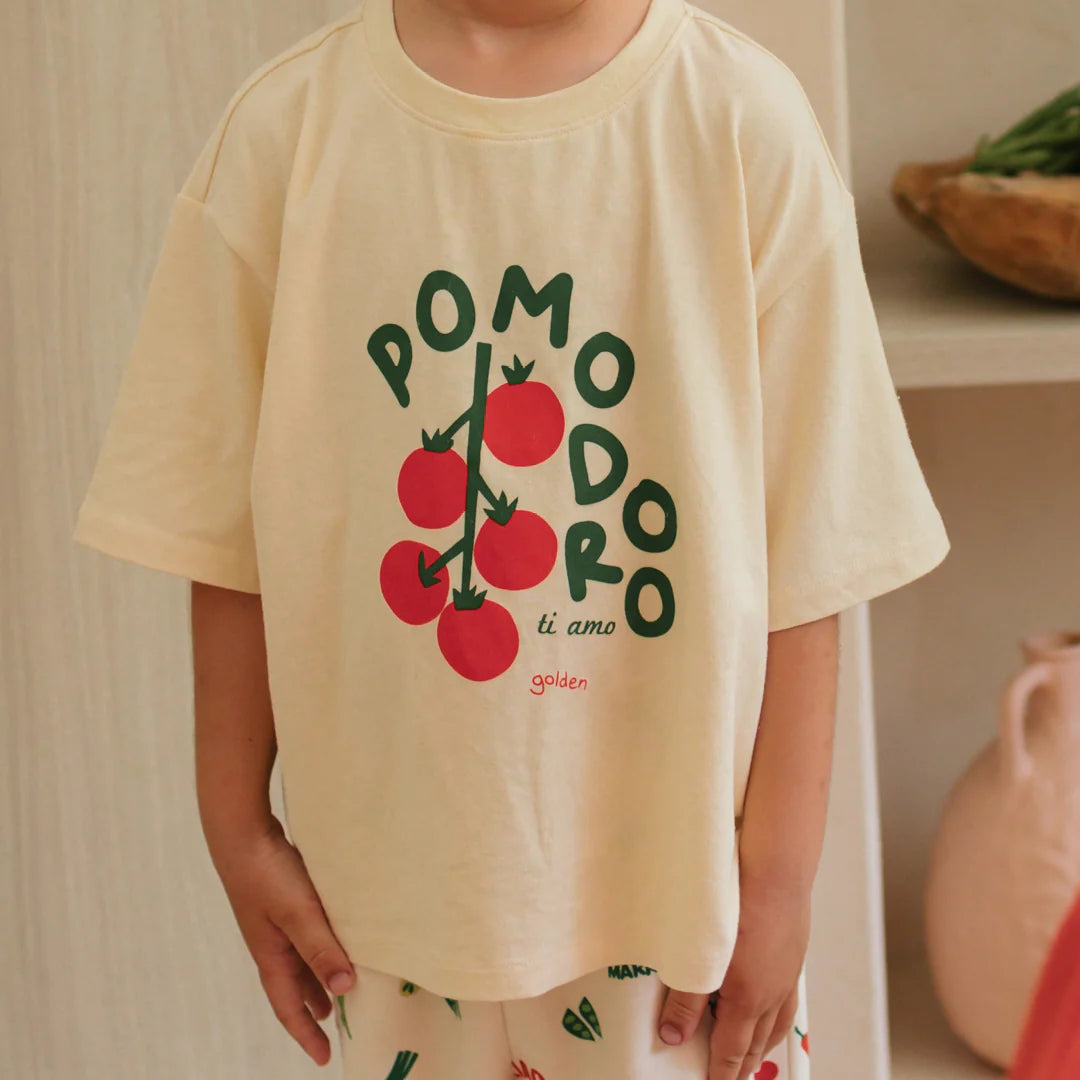 Kids white tshirt with tomato picture -  pomodoro mid sleeve tee - Vanilla Parfait by Golden Children