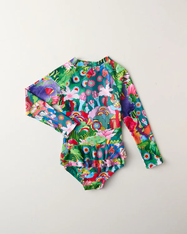 back view of Kip & Co x The Beatles Big Flower Dreamscape Long Sleeve Bathers