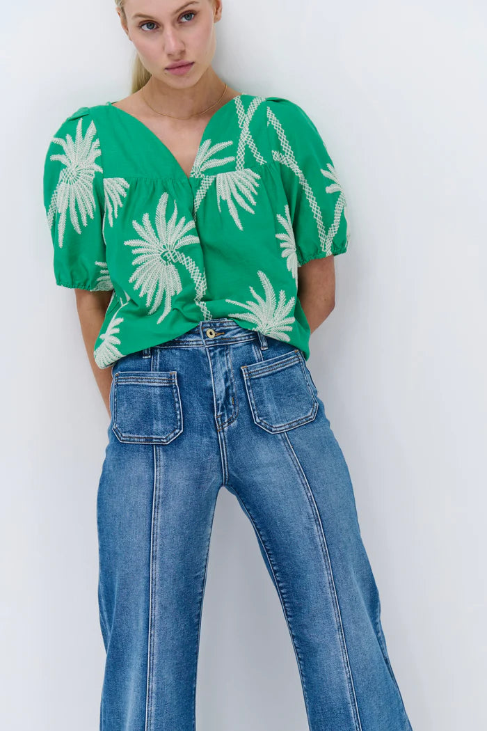 Courtney Top in Apple Green with Palm tree embroidery by Kierina