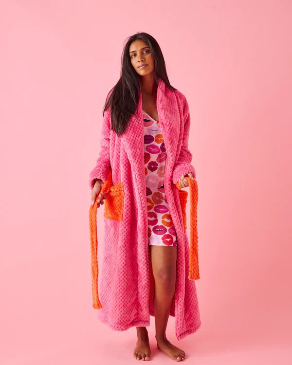 Pink robe with orange waist tie