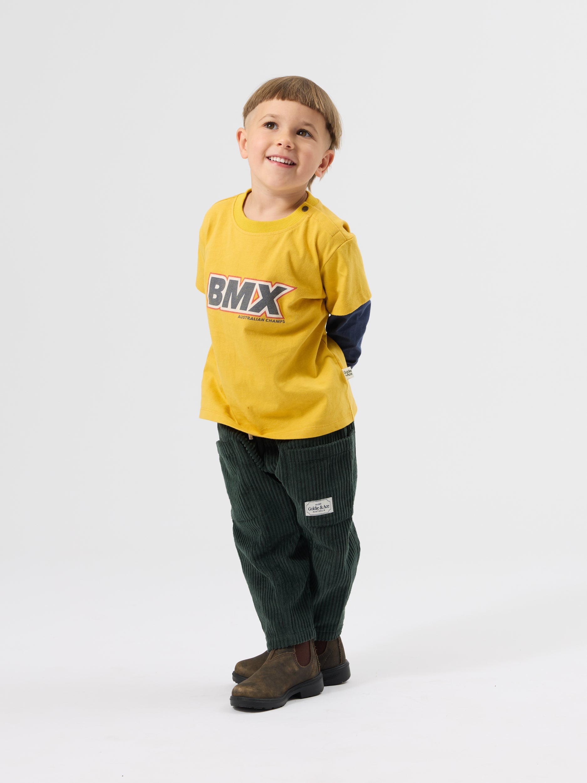 Kit Corduroy Pocket Pant - Moss and BMX Shirt| Goldie + Ace