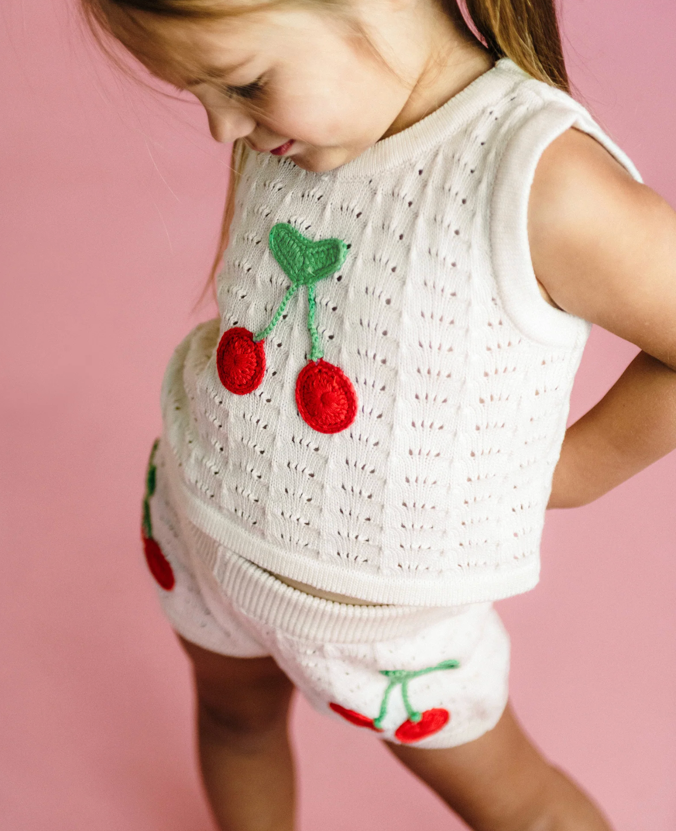 Close up of girl wearing La Mer Crochet Tank - Cream | Rock Your Baby