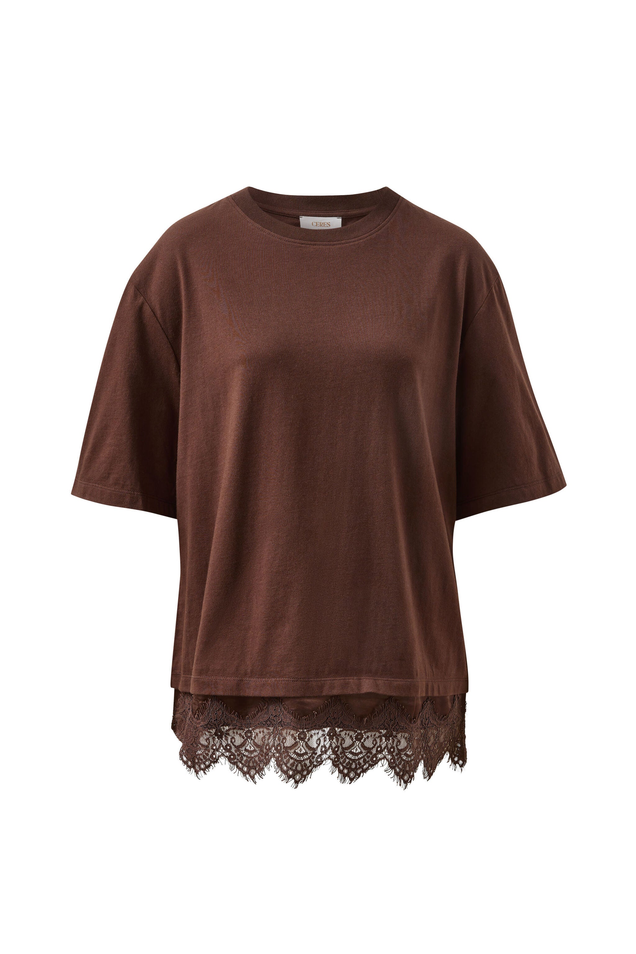 Front view of chocolate brown Lacey Tee showing oversized fit and intricate lace trim