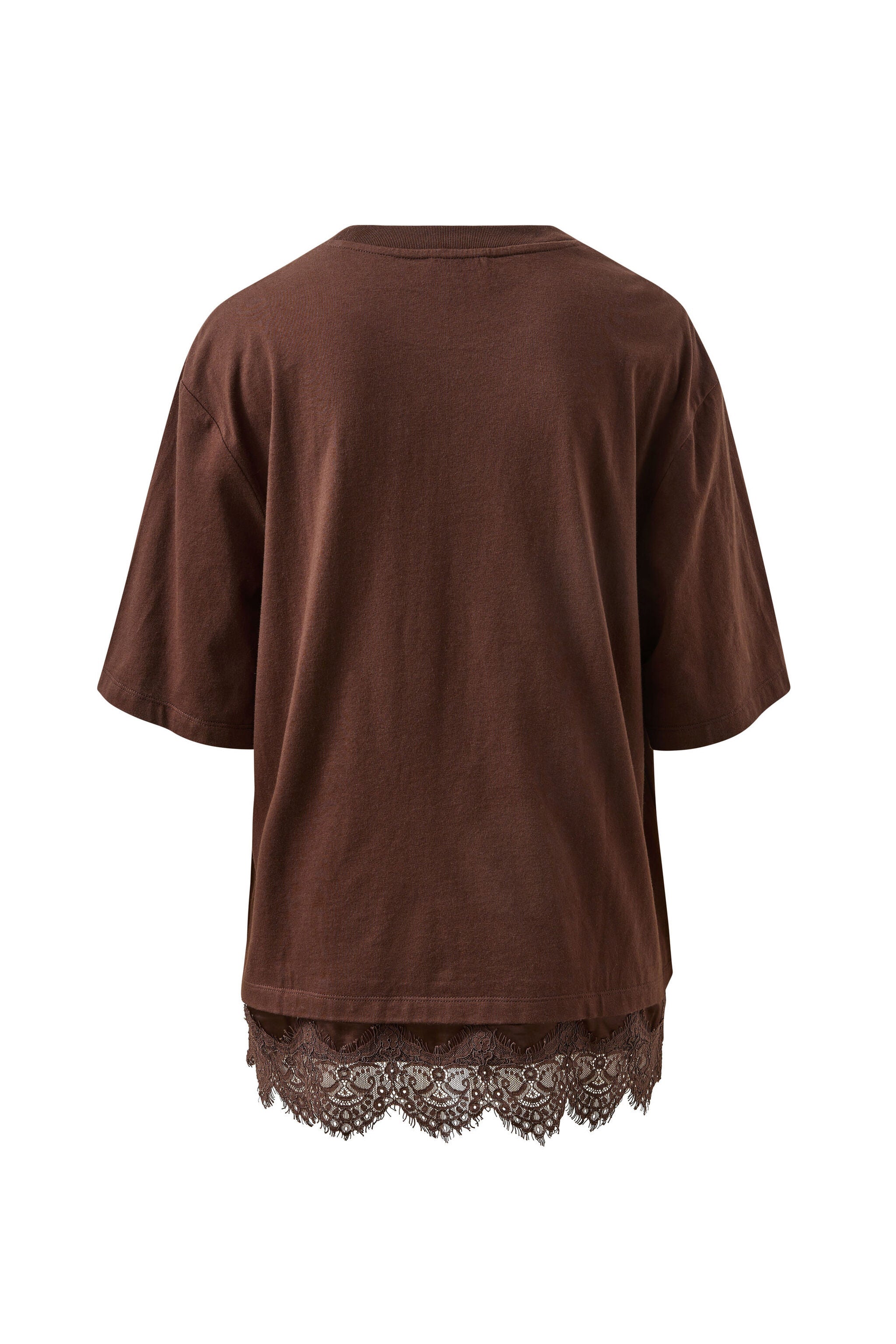 Back view of chocolate brown Lacey Tee displaying relaxed silhouette and lace hemline