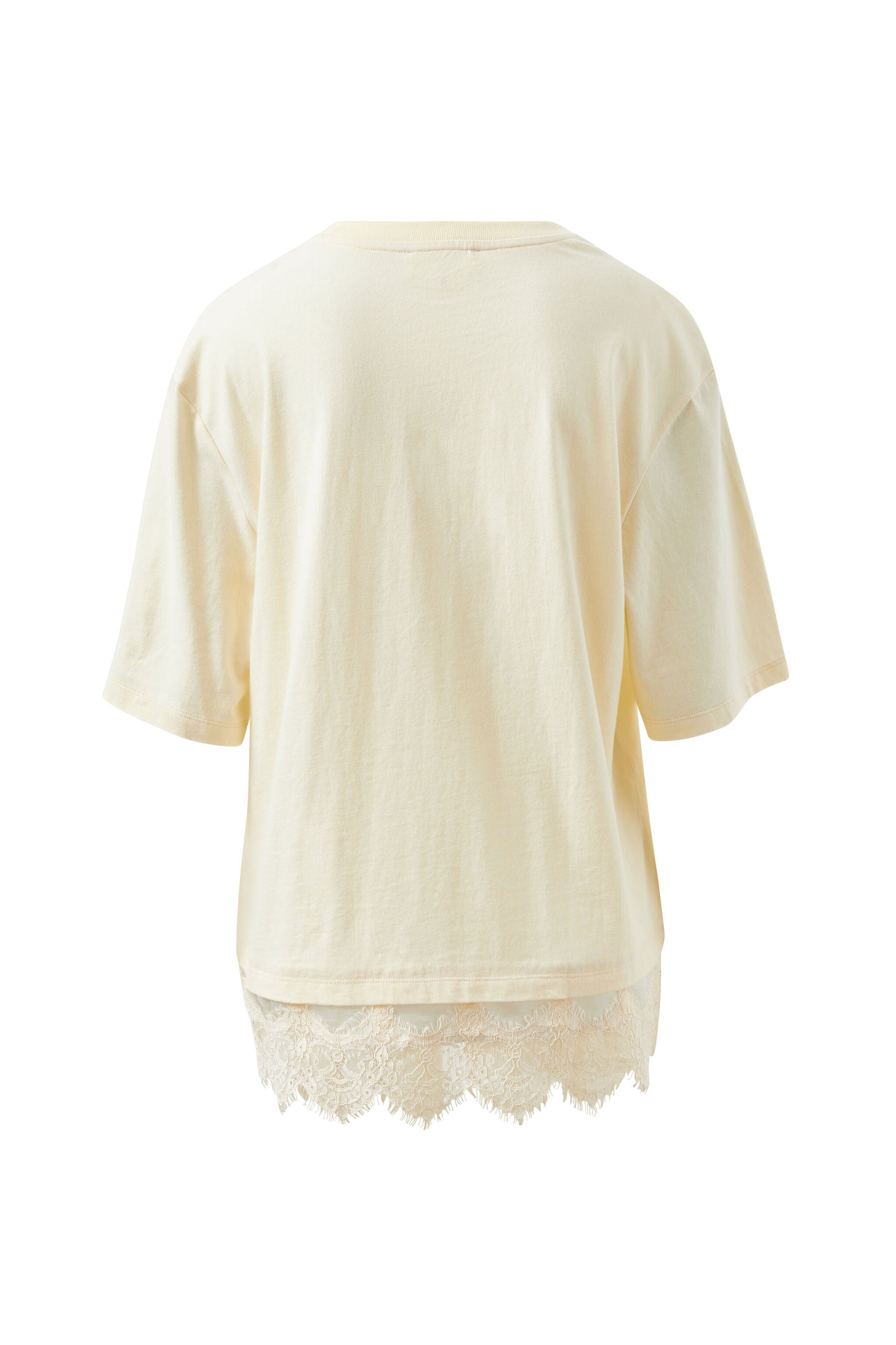 Back view of Lacey Tee displaying marshmallow cream fabric and lace hem detail