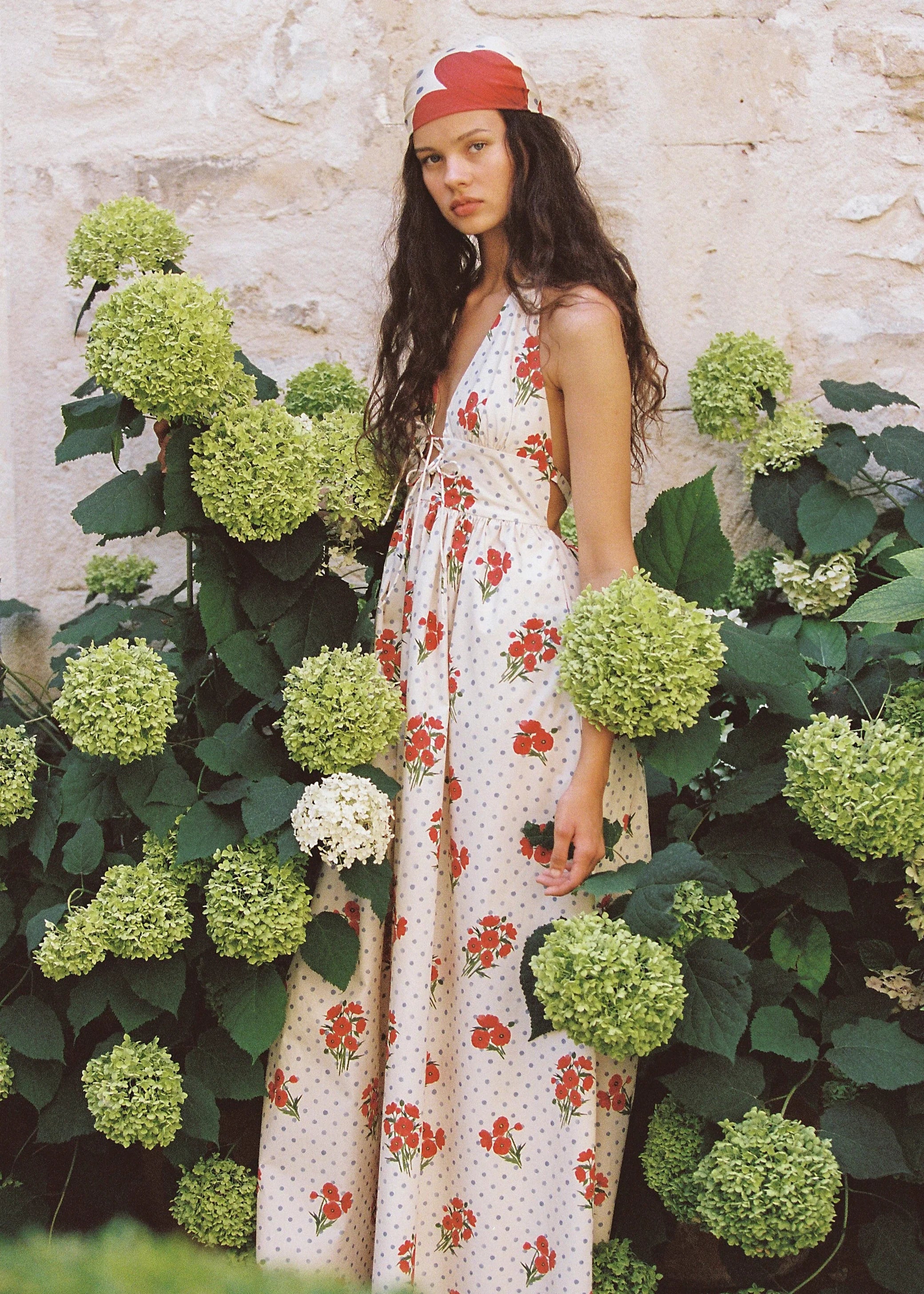lady wearing Lily Maxi Dress Poppies by JUNI