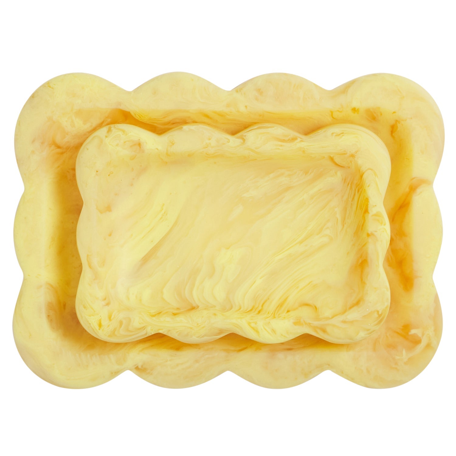 Aspen Gold marbled resin scalloped trays nested in two sizes, overhead view on white background