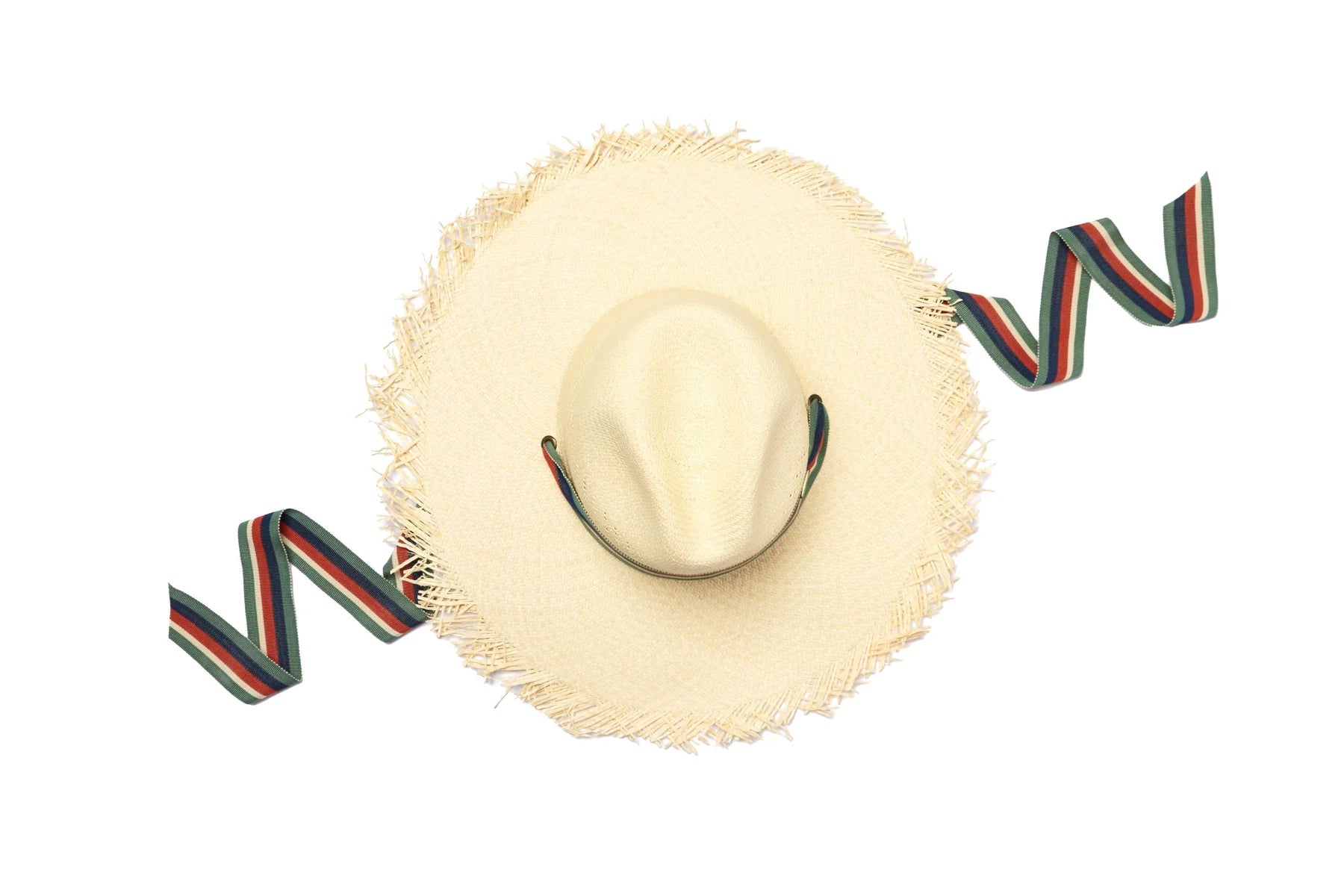 Lorna Murray Paradise Vintage - Sandy Beach Panama Hat with green, navy, red and cream stripped ribbon