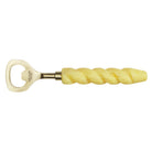 Bottle opener with Aspen Gold twisted marbled resin handle and brushed brass head, opener-end facing left