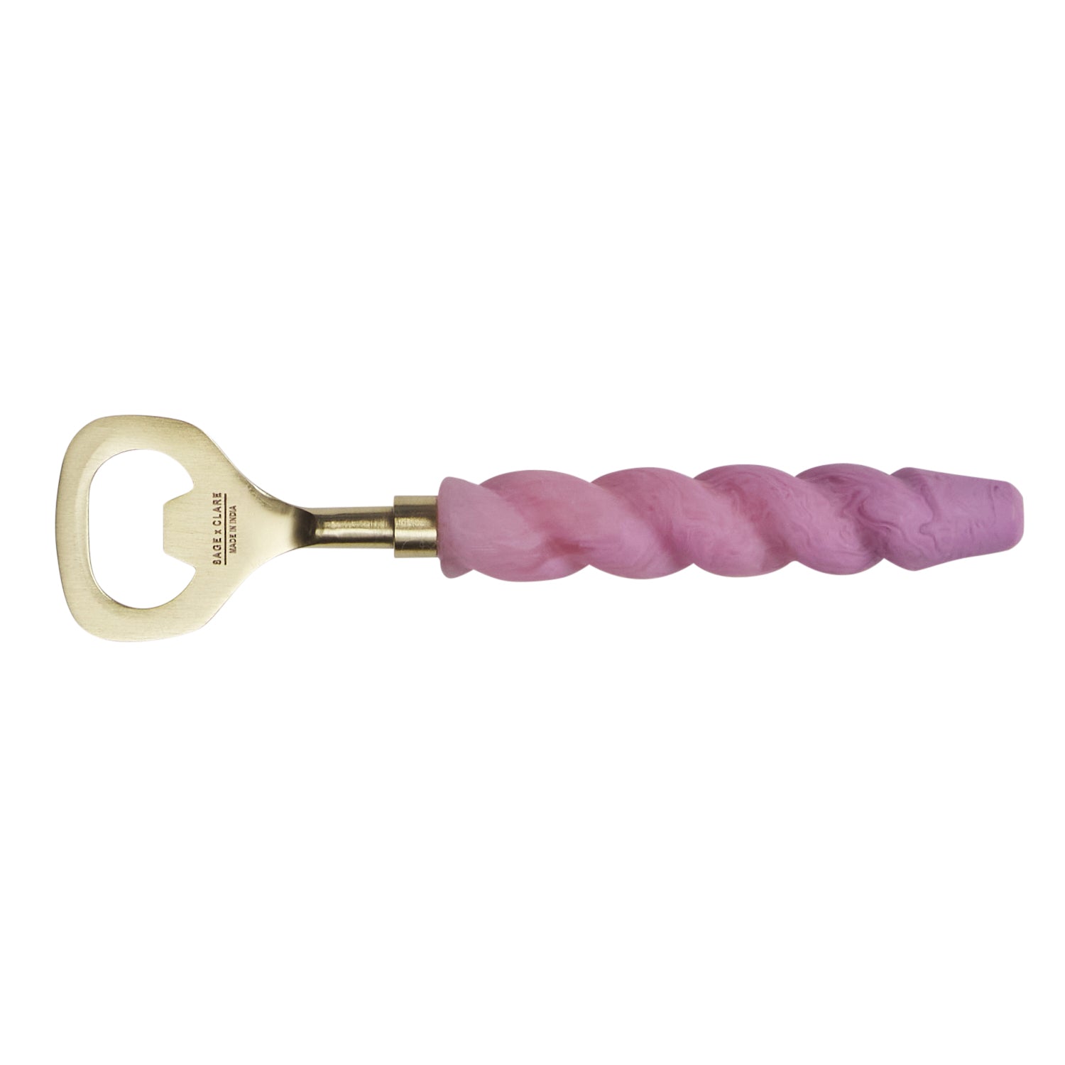 Orchid twisted resin handle bottle opener with brushed brass head shown opener-end left on white background