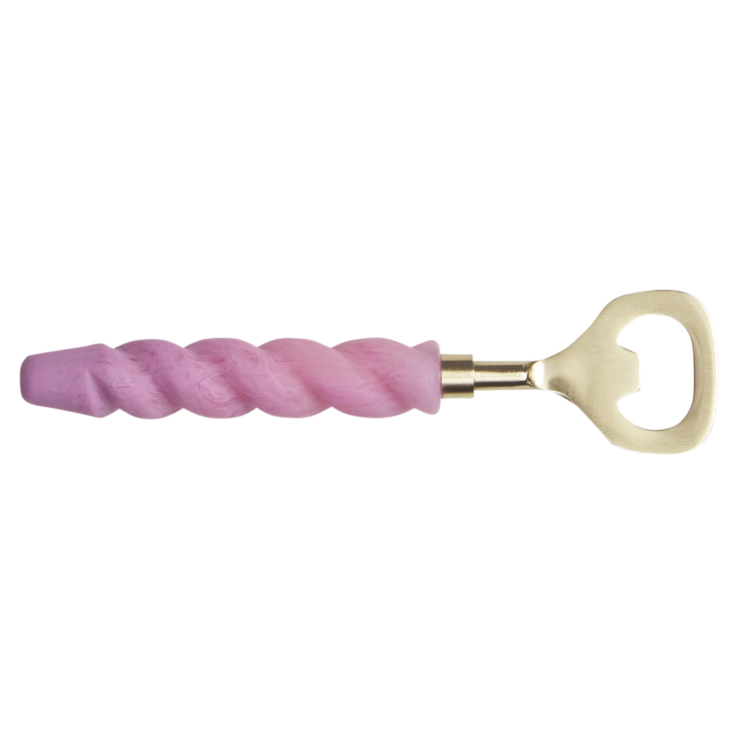 Bottle opener with a twisted Orchid pink resin handle and brushed brass head, isolated on white