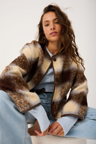 Luka Jacket in brown and cream check pattern with tie belt closure and long sleeves