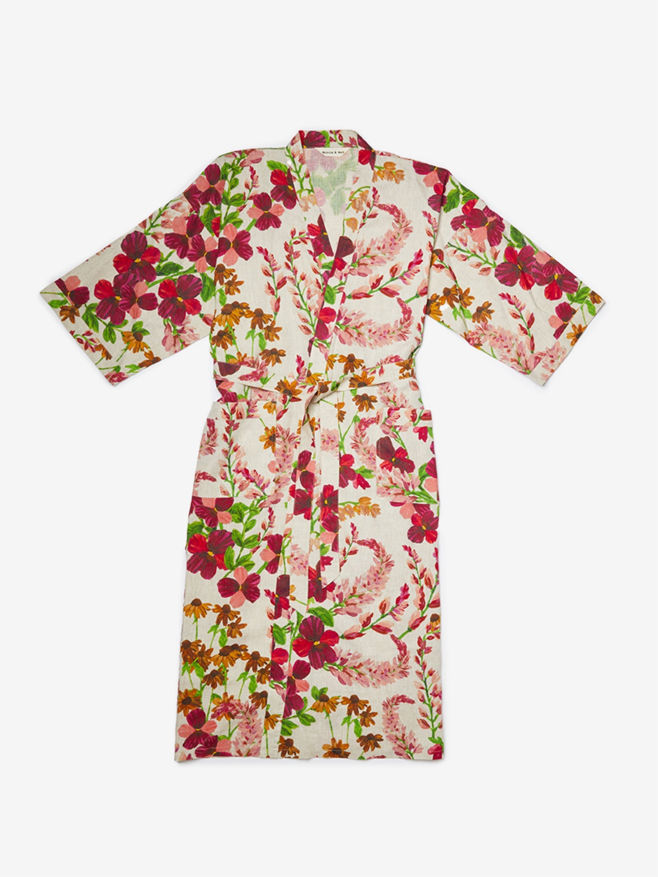 Front view of Lupin Multi Linen Robe showing colorful floral print with tie waist belt and three-quarter sleeves