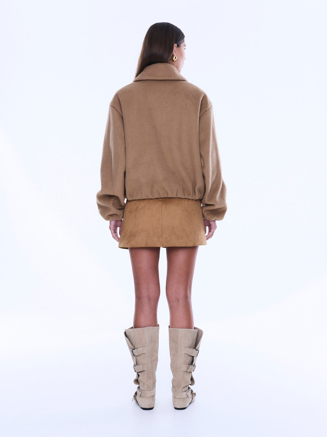 Back view of Maeve Wool Blend Bomber displaying camel wool blend fabric and cropped bomber silhouette