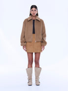 Maeve Wool Blend Bomber styled open showing camel colored wool blend and relaxed bomber fit
