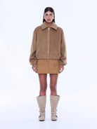 Maeve Wool Blend Bomber zipped up front view displaying wool blend texture and bomber silhouette