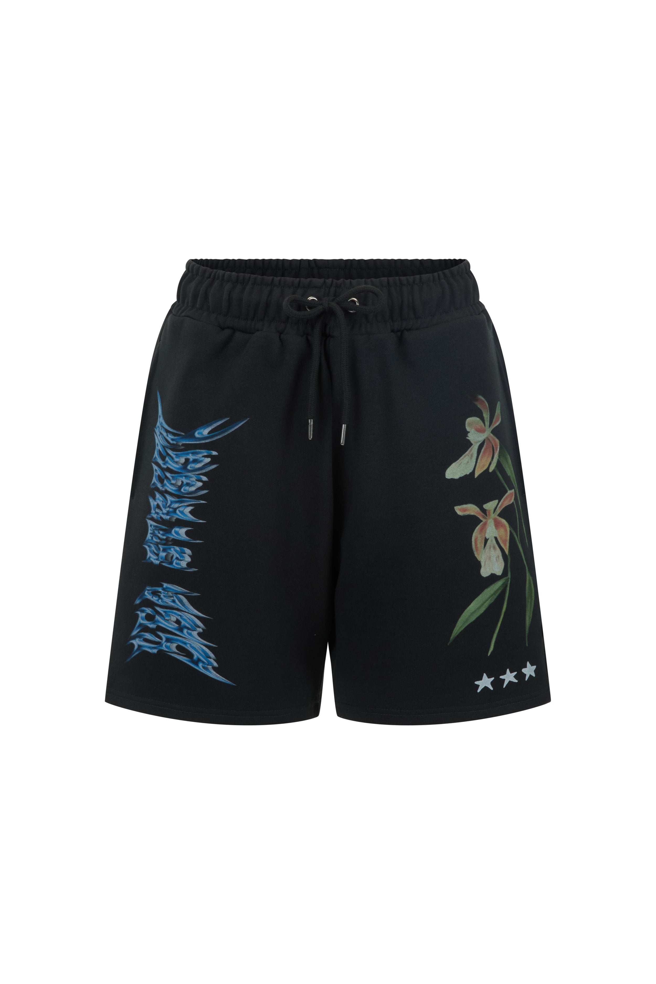 Flat lay of Sea Street washed black track shorts showing metallic blue text and pink floral print details