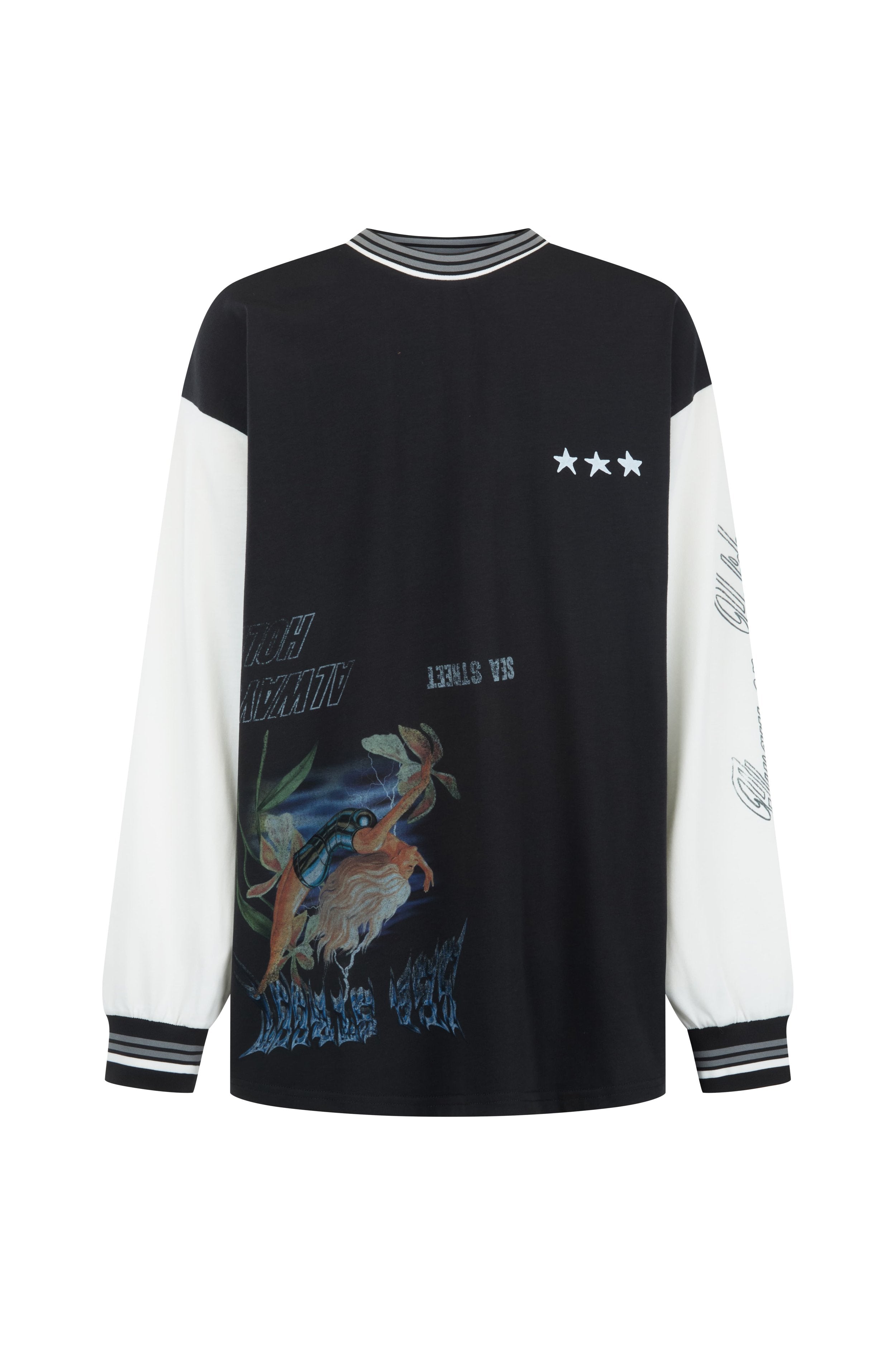 Front view of Sea Street Metallic Diver Long Sleeve showing diver graphic and striped collar detail