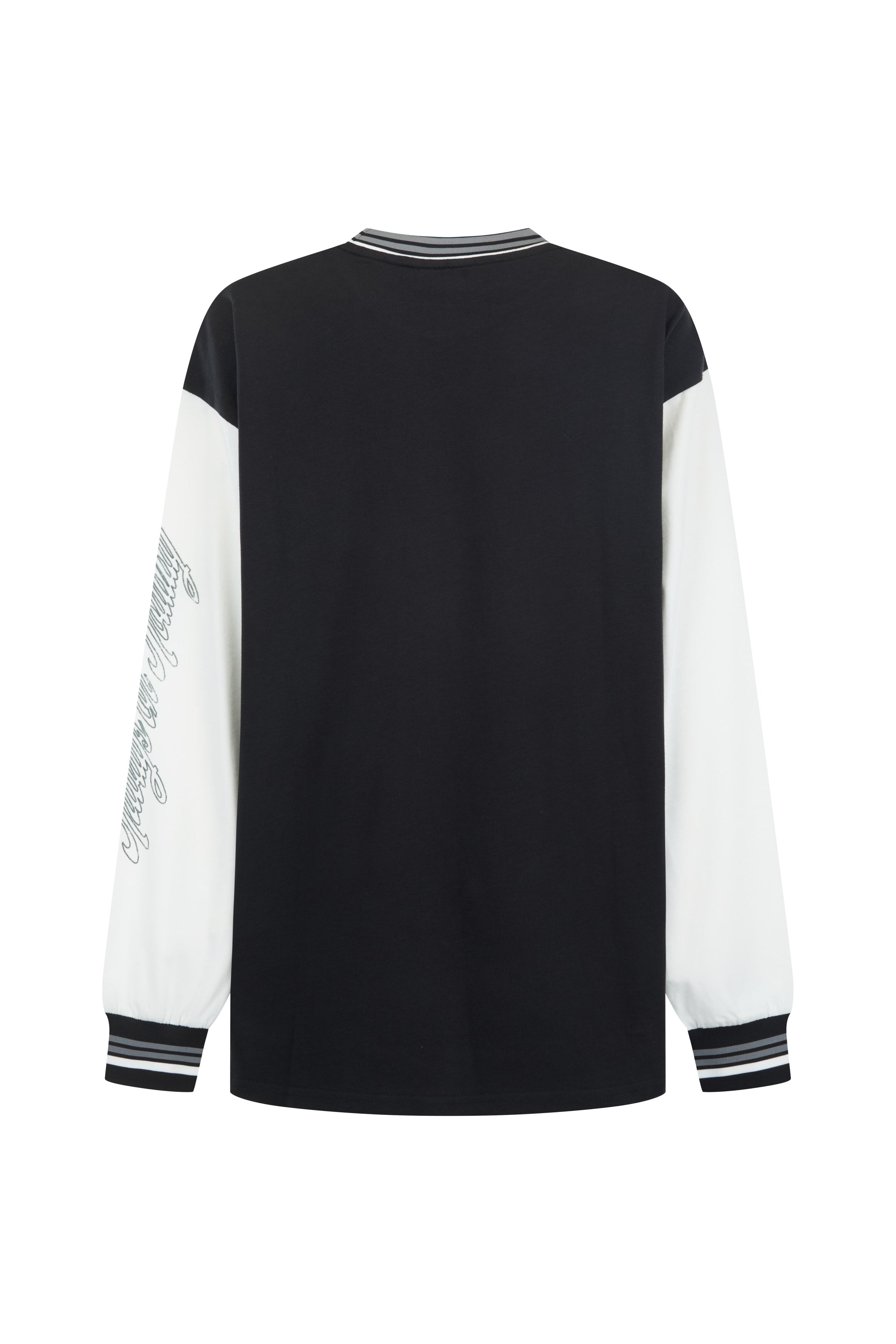 Back view of Sea Street Metallic Diver Long Sleeve displaying script text on white sleeves