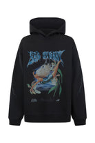 Front view of Sea Street Metallic Diver oversized hoody showing blue metallic text and diver graphic design