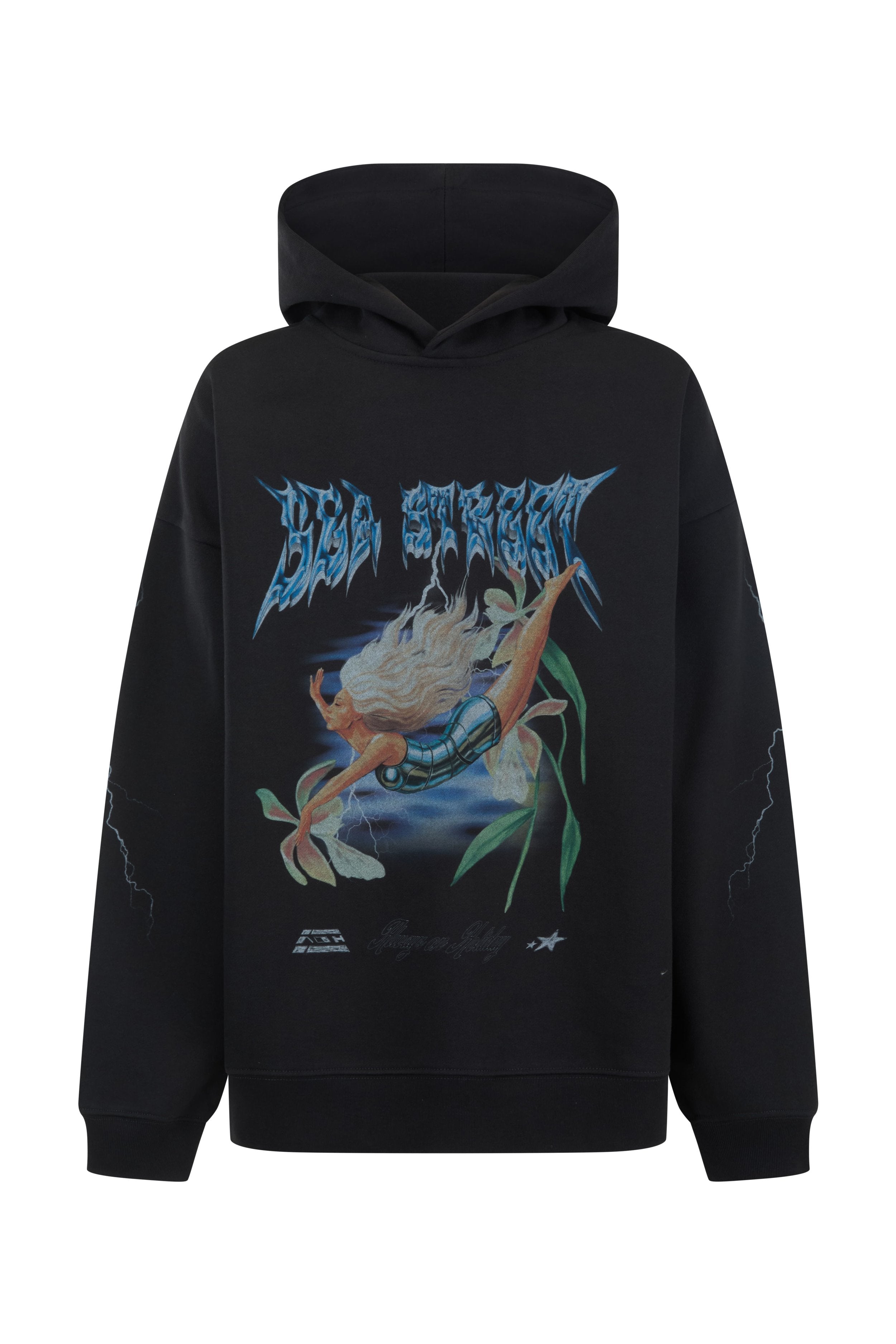Front view of Sea Street Metallic Diver oversized hoody showing blue metallic text and diver graphic design