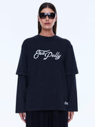 Front close-up of Mock Layer Long Sleeve Tee highlighting white script branding and crew neckline