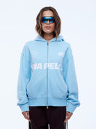 Full length front view of cloud blue multi logo zip hoodie with ribbed cuffs and hem
