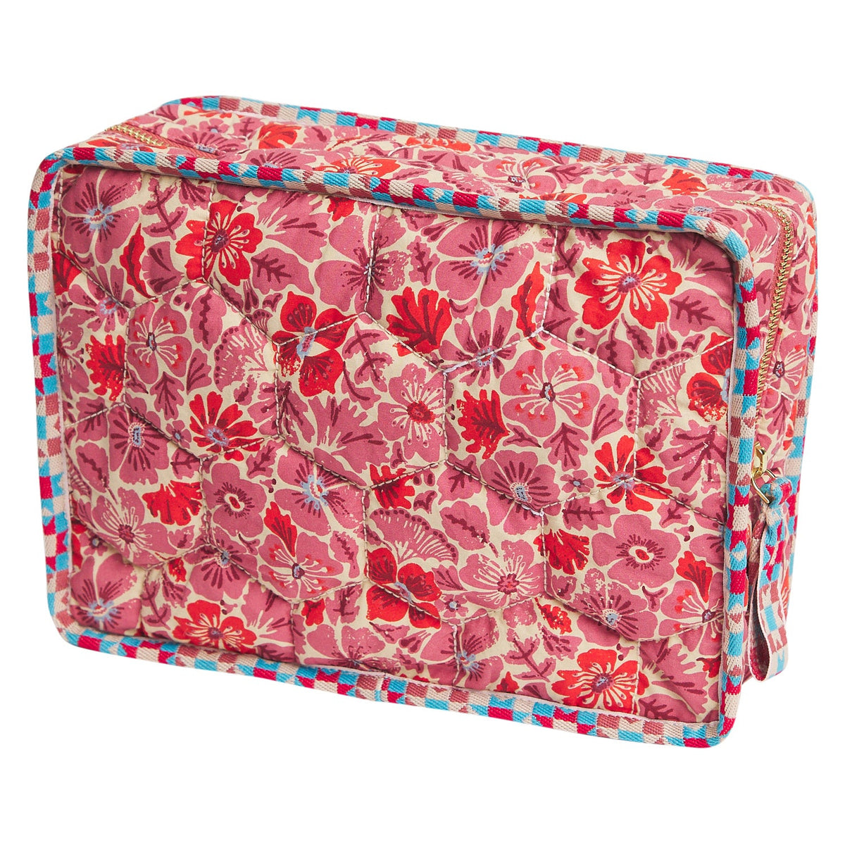 Magnolia Vanity Bag in Poppy — quilted pink and red floral print with checkered border trim, front angle
