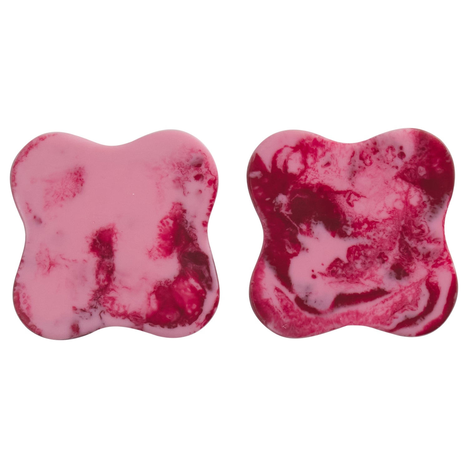 Set of 2 crimson marbled resin coasters with curved square shape, bold pink and deep red swirl pattern