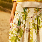 fabric details of the Malorie Maxi Skirt by Sage & Clare with shirring around the waist