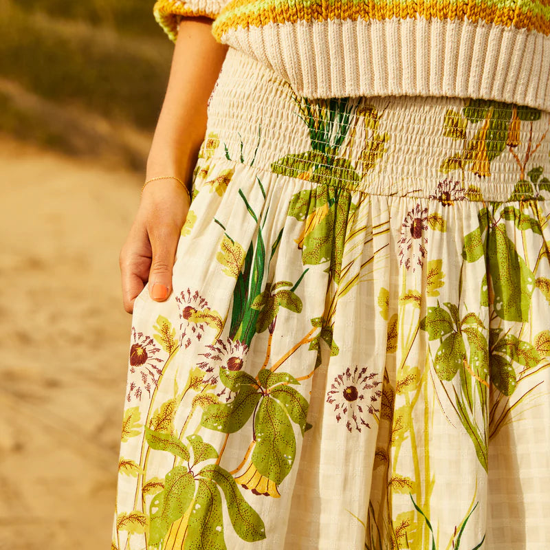 fabric details of the Malorie Maxi Skirt by Sage & Clare with shirring around the waist