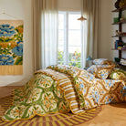 Retro cotton bedspread with green and yellow floral design - Margaret Scalloped Coverlet by Sage & Clare 