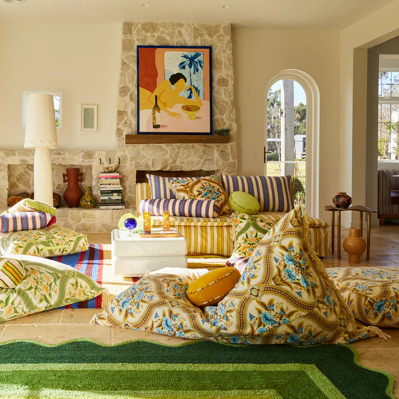 Blue and yellow retro floral print bean bag