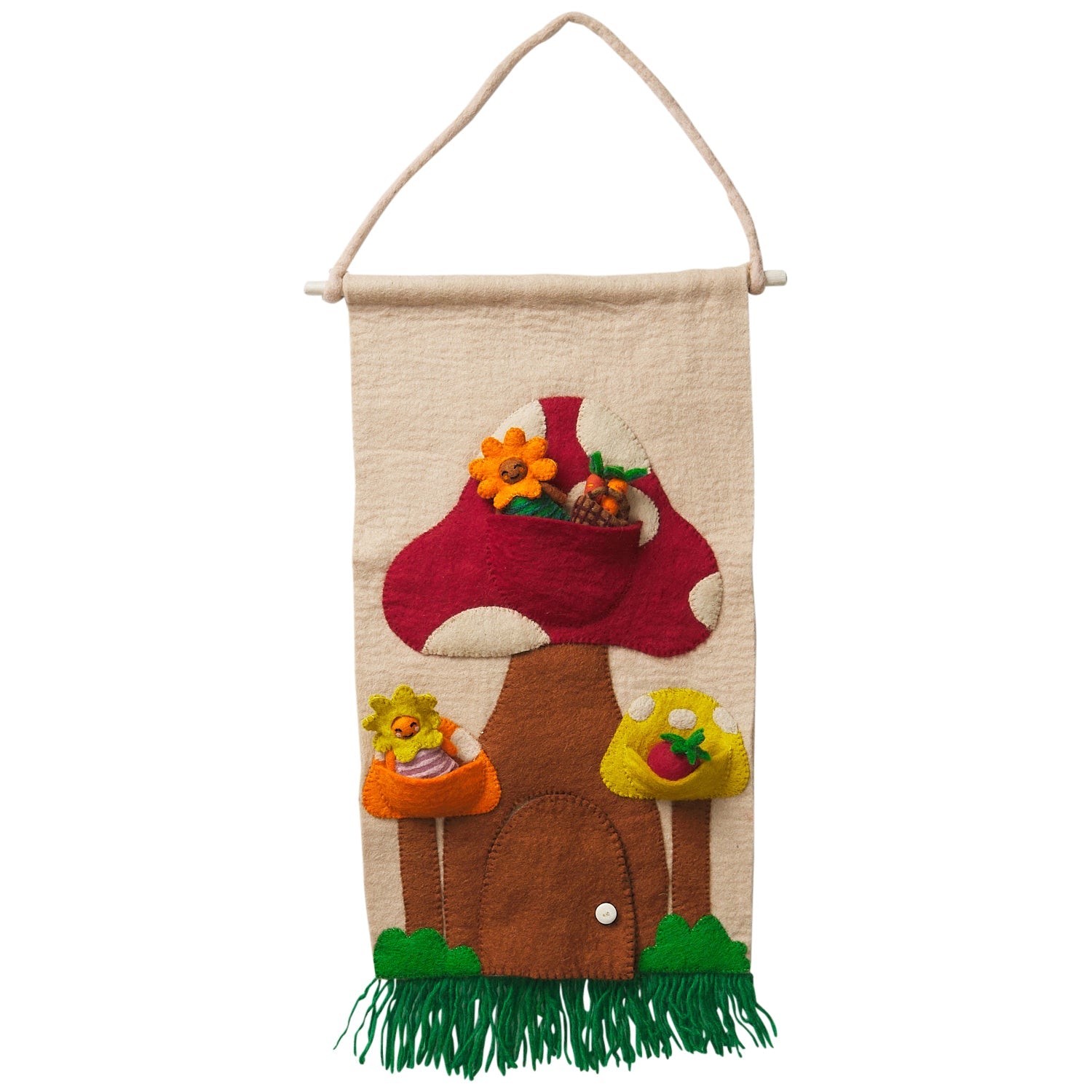 Interior detail of felt mushroom house showing colorful yarn character and white closure button