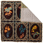 Brown velvet bedcover laid flat with corner folded back to reveal patchwork floral reverse lining and cream fringe trim