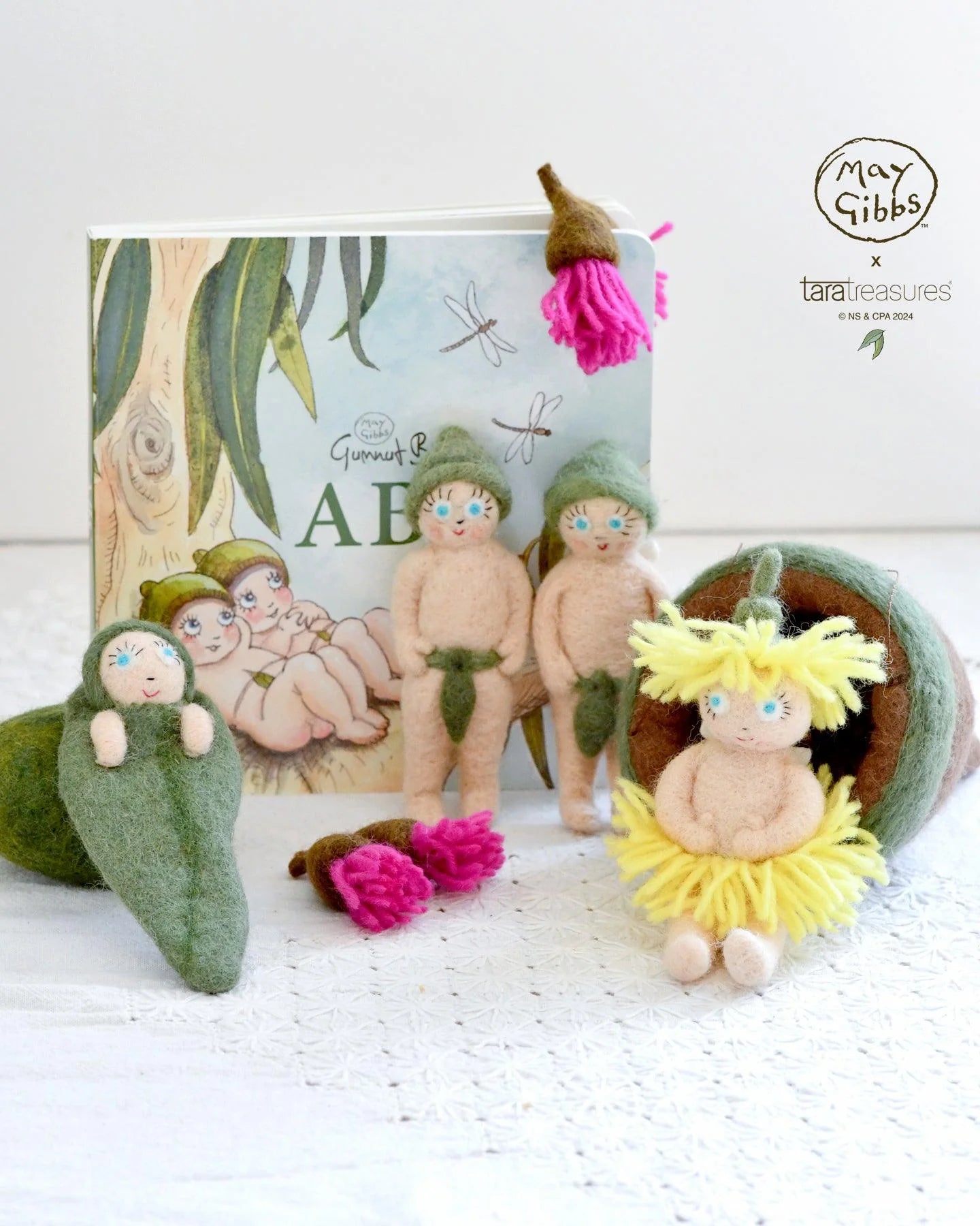 All of the gumnut babies of the May Gibbs x Tara Treasures hand-felted collaboration