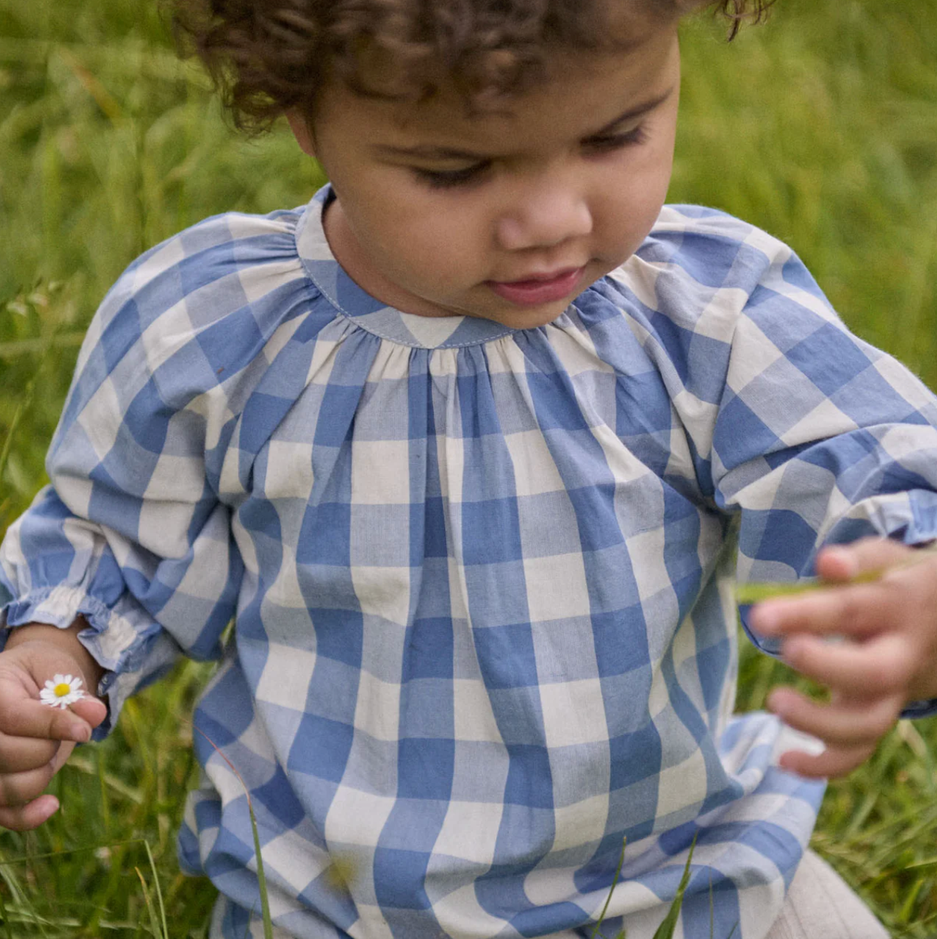 Front view of toddler wearing the Meadow Bodysuit Gingham - Bluebelle Check | Nature Baby