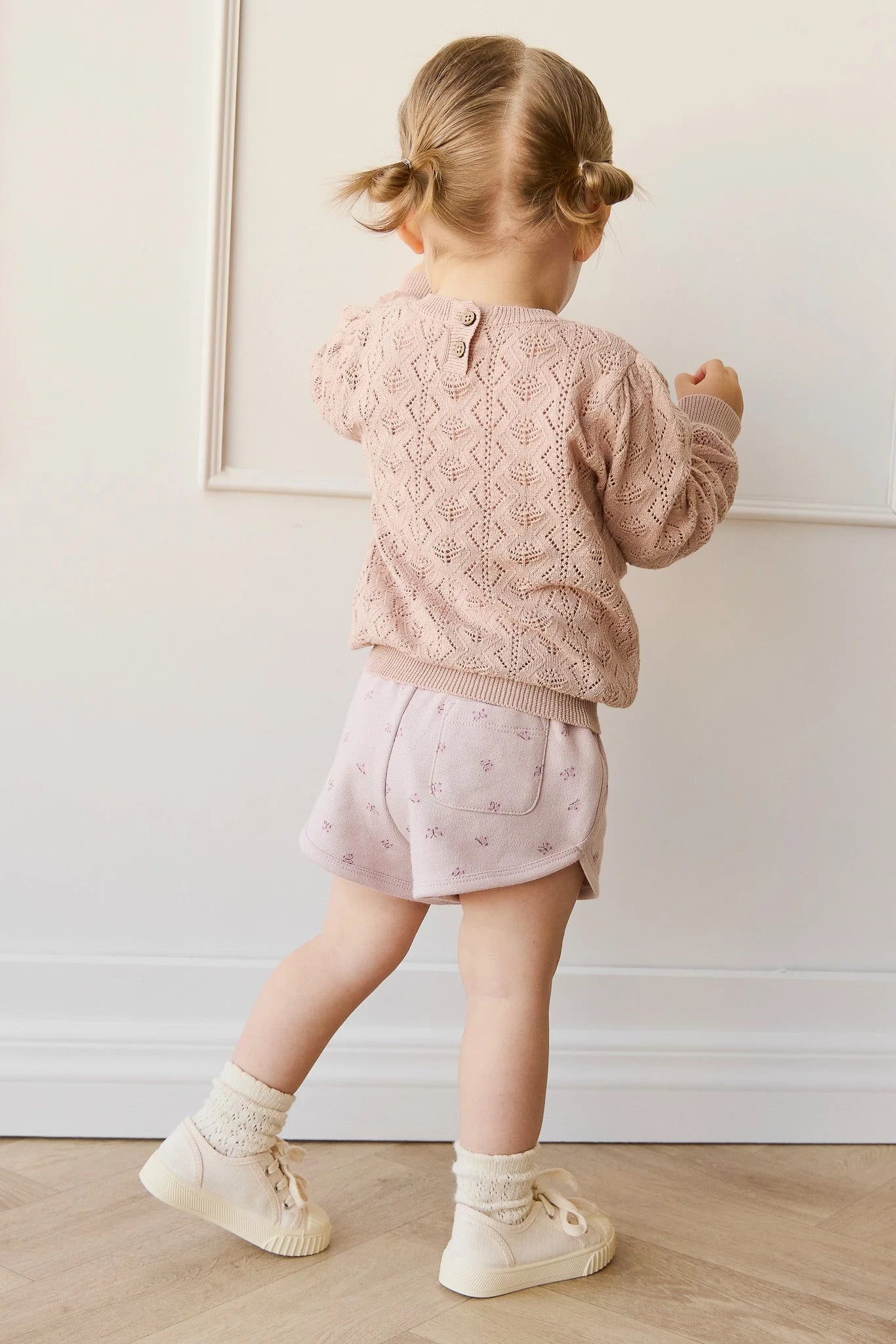 Girl wearing 100% cotton Mila Cotton Knit Jumper Chalky pink Jamie Kay 