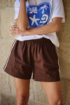chocolate brown shorts with lace side stripes with elastic waistband by Ceres Life
