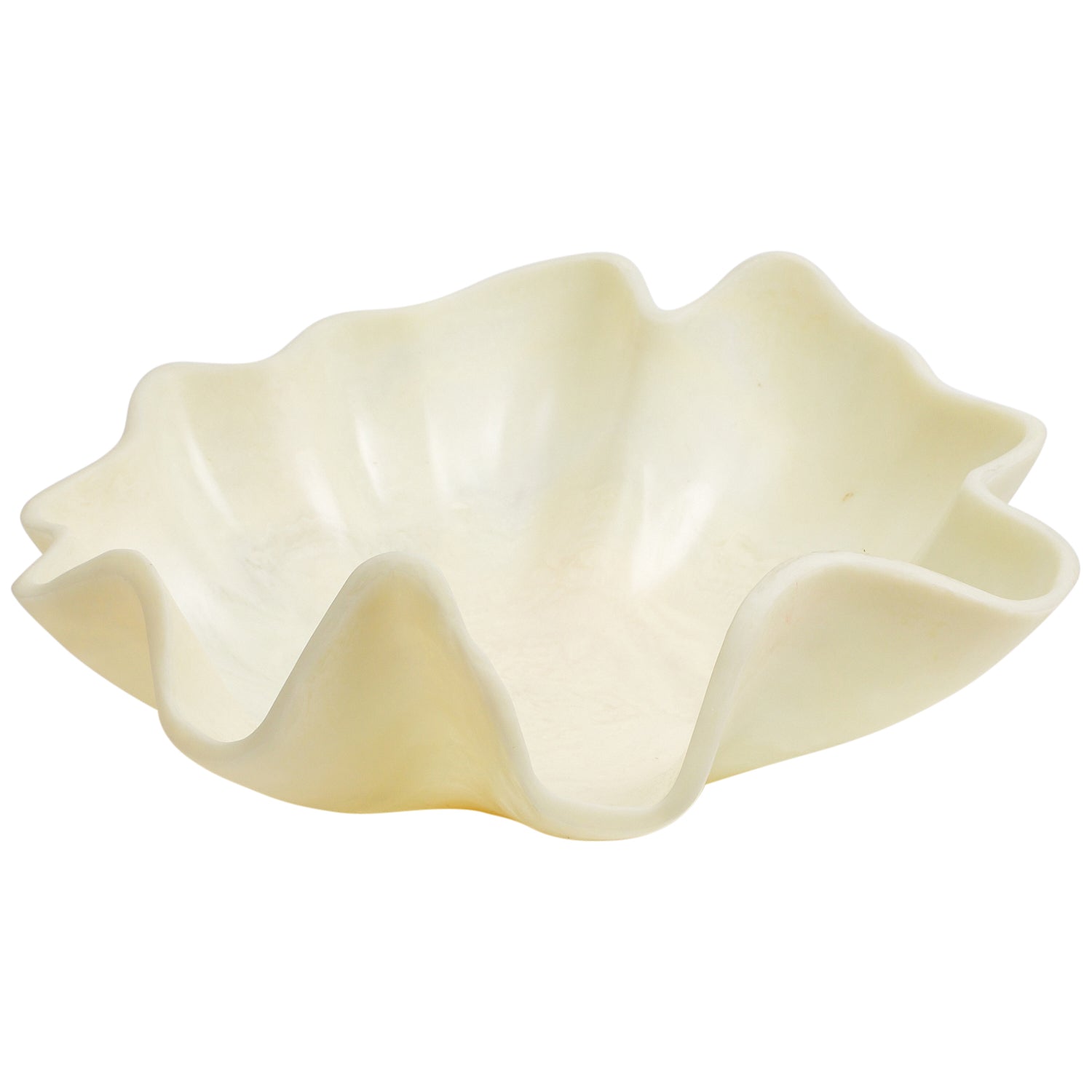 Side view of pearl ceramic bowl with flowers showing curved fluted rim detail